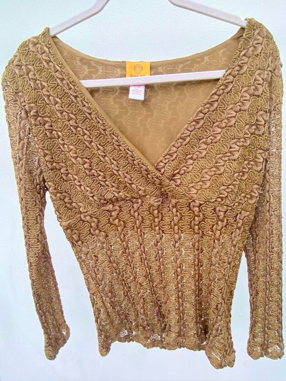 Y2K Tan & Gold Metallic Semi Sheer V-neck Textured Long Sleeve Blouse Medium